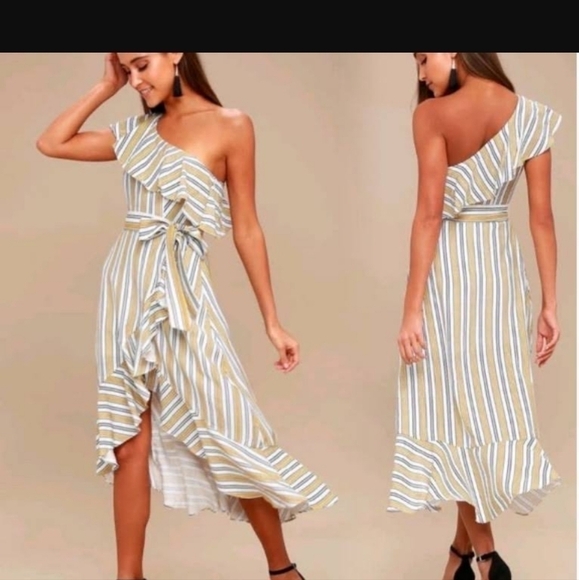 Lulus Midi Dress High Tide One Shoulder Yellow White Striped Women's Size Small - Picture 1 of 9